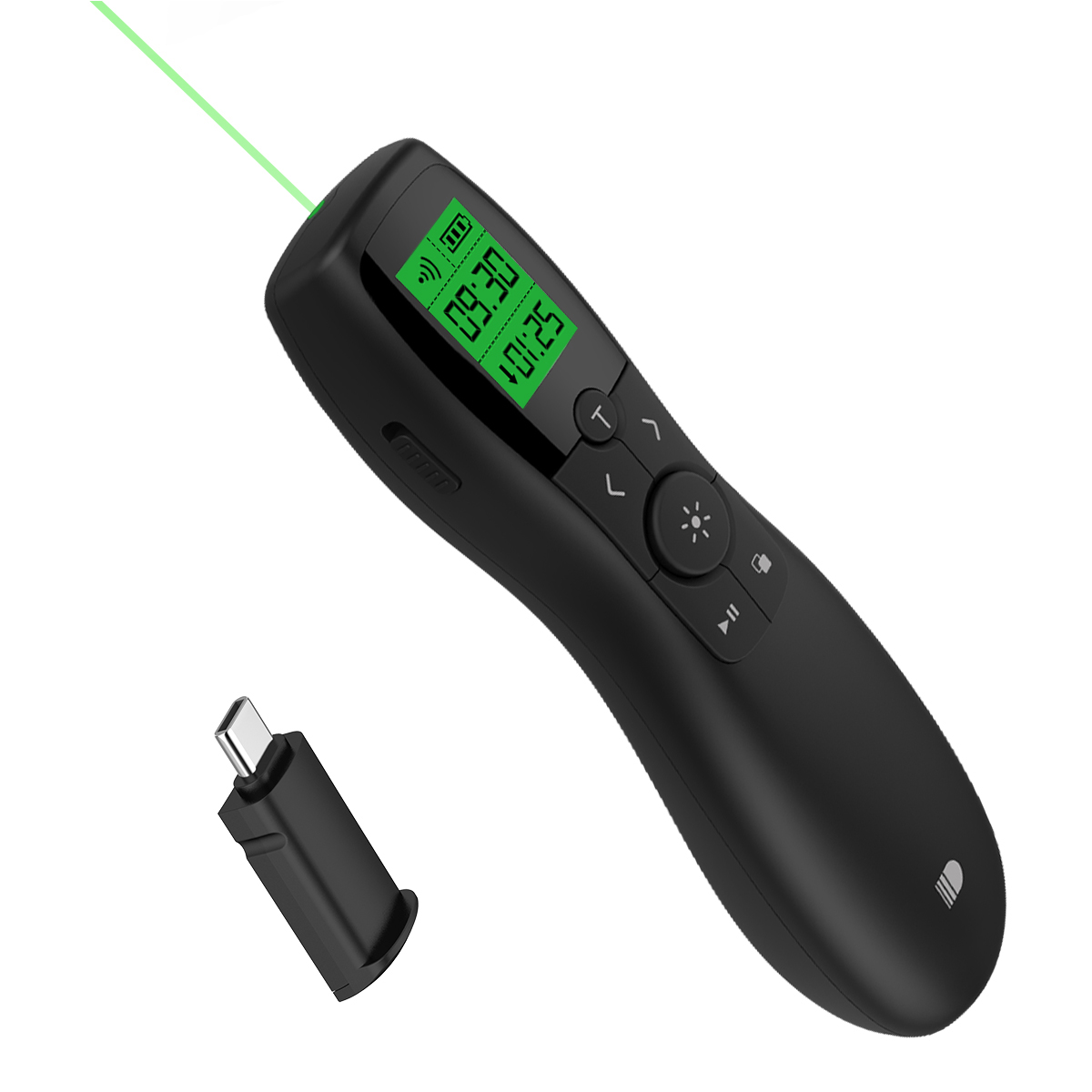 DSIT023---Wireless Presenter with Type C Receiver,Green Laser Pointer Rechargeable Presentation Remote with LCD Display Timer, 2.4GHz Powerpoint clicker for MAC MacBoo/Air/Promac Mini with Type C (Bla